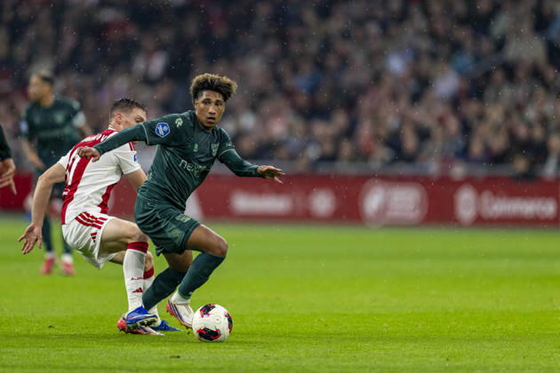 AMSTERDAM - (l-r) AFC Ajax Amsterdam forward Viktor Tsygankov and N.E.C. Nijmegen midfielder Noe Lebreton during the Vriendenloterij Eredivisie match between Ajax and N.E.C. at Johan Cruijff ArenA on 10 October 2026 in Amsterdam, Netherlands. (Photo by DeFodi Images) -