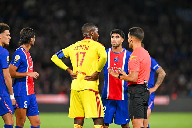 Paris Saint-Germain v Le Mans FC - Ligue 1 McDonald s 2026 2027 Samuel YOHOU of Le Mans FC, Achraf HAKIMI of Paris Saint-Germain and Mathieu VERNICE Referee during Ligue 1 McDonald s match between Paris and Le Mans at Parc des Princes on October 10, 2026 in Paris, France. Paris France  Copyright: xBaptistexFernandezx 776573319