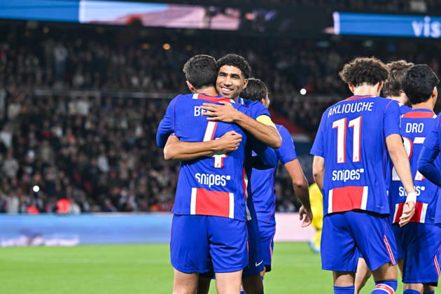Paris Saint-Germain v Le Mans FC - Ligue 1 McDonald s 2026 2027 Illya ZABARNYI of Paris Saint-Germain , Ferran TORRES of Paris Saint-Germain , Dro FERNANDEZ of Paris Saint-Germain , Mika GODTS of Paris, Maghnes AKLIOUCHE of Paris Saint-Germain , Achraf HAKIMI of Paris Saint-Germain and Lucas BERALDO of Paris Saint-Germain celebrate after scores during Ligue 1 McDonald s match between Paris and Le Mans at Parc des Princes on October 10, 2026 in Paris, France. Paris France  Copyright: xBaptistexFernandezx 776573319