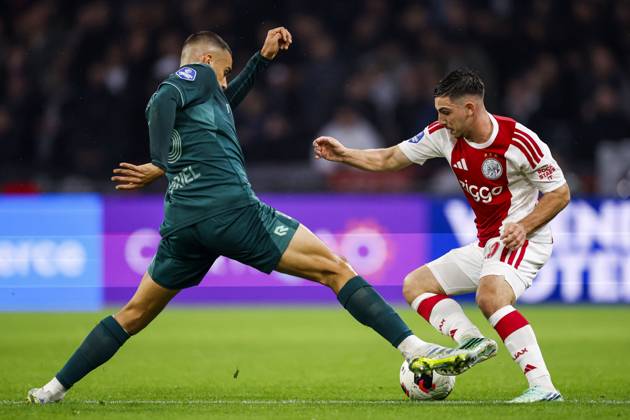 AMSTERDAM - (lr) Gabriel Bras of NEC Nijmegen, Oscar Gloukh of Ajax during the Dutch Eredivisie match between AFC Ajax and NEC Nijmegen at the Johan Cruijff ArenA on October 10, 2026 in Amsterdam, the Netherlands. MAURICE VAN STEEN ANP Eredivisie 2026 27 xVIxANPxSportx xxANPxIVx 572060313 originalFilename: 572060313.jpg