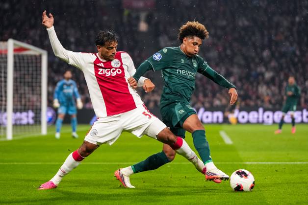 AMSTERDAM , 10-10-2026 , JohanCruyff Arena , season 2026 2027 , Dutch Eredivisie football , Match between Ajax and NEC Nijmegen , picture shows Ajax player Owen Wijndal and NEC Nijmegen player Noe Lebreton battle for the ball Ajax - NEC  x208126672x Copyright: