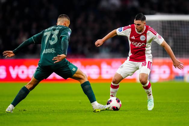 AMSTERDAM , 10-10-2026 , JohanCruyff Arena , season 2026 2027 , Dutch Eredivisie football , Match between Ajax and NEC Nijmegen , picture shows NEC Nijmegen player Gabriel Bras challenges Ajax player Oscar Gloukh Ajax - NEC  x208127035x Copyright: