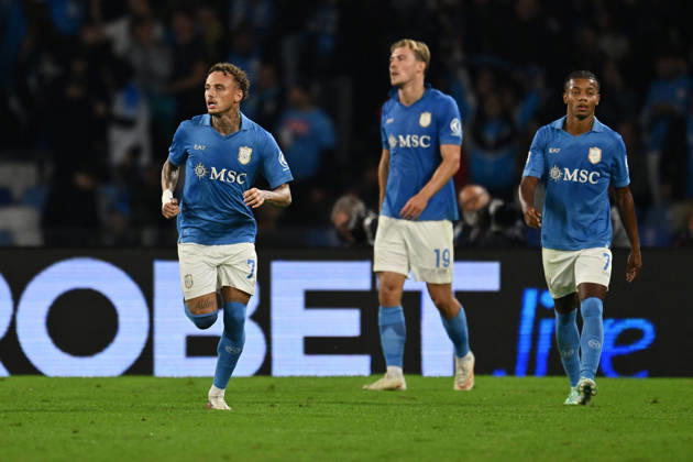 IPA89518461 - Noa Lang of S.S.C. Napoli celebrates after scoring the goal that made the score 2-0 during Matchday 6 of the Serie A Championship between S.S.C. Napoli and Frosinone Calcio at the Diego Armando Maradona Stadium on October 10, 2026, in Naples, Italy. Copyright: xDomenicoxCippitelli IPAxSportx xx IPA89518461