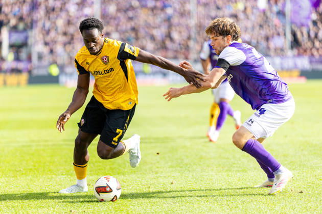 (L-R) Kennedy Okpala (SG Dynamo Dresden, 07) im Zweikampf mit Jannik Mueller (VfL Osnabrueck, 24) GER, VfL Osnabrueck vs. SG Dynamo Dresden, Fussball, 2. Bundesliga, 7. Spieltag, Spielzeit 2026 2027, 10.10.2026 DFL Regulations prohibit any use of photographers as image sequences and or quasi-video. GER, VfL Osnabrueck vs. SG Dynamo Dresden, Fussball, 2. Bundesliga, 7. Spieltag, Spielzeit 2026 2027, 10.10.2026 Osnabrueck Copyright: xEibner-Pressefoto JanxRollingerx EP_JSK