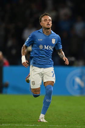 IPA89518463 - Noa Lang of S.S.C. Napoli celebrates after scoring the goal that made the score 2-0 during Matchday 6 of the Serie A Championship between S.S.C. Napoli and Frosinone Calcio at the Diego Armando Maradona Stadium on October 10, 2026, in Naples, Italy. Copyright: xDomenicoxCippitelli IPAxSportx xx IPA89518463