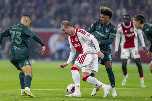 AMSTERDAM - (l-r) AFC Ajax Amsterdam forward Julian Brandt and N.E.C. Nijmegen midfielder Noe Lebreton during the Vriendenloterij Eredivisie match between Ajax and N.E.C. at Johan Cruijff ArenA on 10 October 2026 in Amsterdam, Netherlands. (Photo by DeFodi Images) -