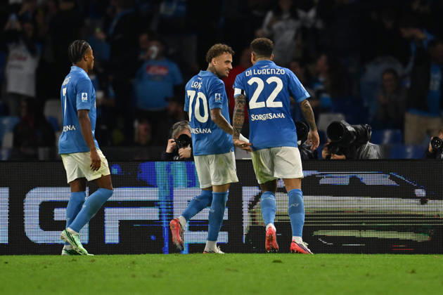 IPA89518480 - Noa Lang of S.S.C. Napoli celebrates after scoring the goal that made the score 2-0 during Matchday 6 of the Serie A Championship between S.S.C. Napoli and Frosinone Calcio at the Diego Armando Maradona Stadium on October 10, 2026, in Naples, Italy. Copyright: xDomenicoxCippitelli IPAxSportx xx IPA89518480
