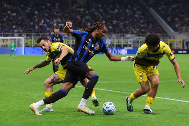 FC Internazionale v Parma Calcio 1913 - Serie A - Season 2026-2027 Milan, Italy, 10th October 2026. Djed Spence of FC Internazionale takes on Emanuele Valeri and Simone Lontani of Parma Calcio during the FC Internazionale vs Parma Calcio 1913 Serie A match at Giuseppe Meazza, Milan. Picture credit should read: Jonathan Moscrop Milan Stadio Giuseppe Meazza Italy