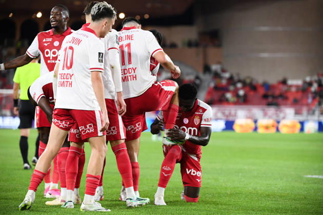 AS Monaco v Toulouse FC - Ligue 1 McDonald s 2026 2027 Denis ZAKARIA of Monaco , Aleksandr GOLOVIN of Monaco, Matthis ABLINE of Monaco celebrate after scores during Ligue 1 McDonald s match between Monaco and Toulouse at Stade Louis II on October 10, 2026 in Monaco, Monaco. Monaco Monaco  Copyright: xIconxSportx 776573324