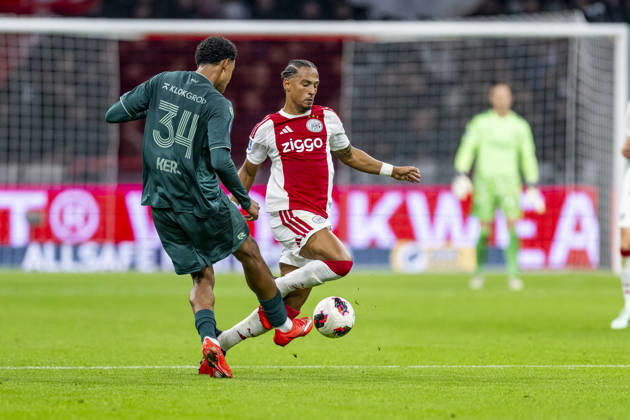 AMSTERDAM - (l-r) N.E.C. Nijmegen defender Kevin Kers and AFC Ajax Amsterdam midfielder Thilo Kehrer during the Vriendenloterij Eredivisie match between Ajax and N.E.C. in Johan Cruijff ArenA on 10 October 2026 in Amsterdam, Nederland. (Photo by DeFodi Images) -
