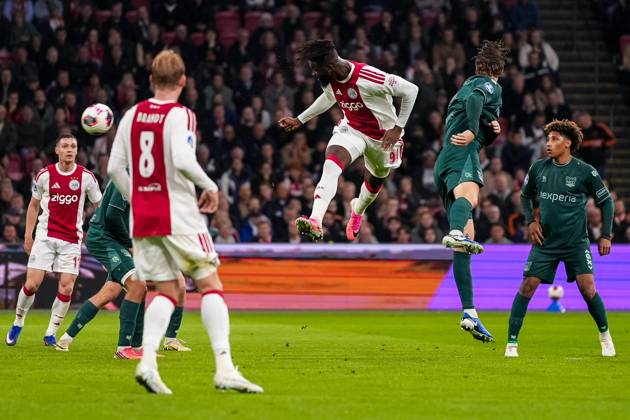 AMSTERDAM , 10-10-2026 , JohanCruyff Arena , season 2026 2027 , Dutch Eredivisie football , Match between Ajax and NEC Nijmegen , picture shows Ajax player Tolu Arokodare heads the ball Ajax - NEC  x208128323x Copyright: