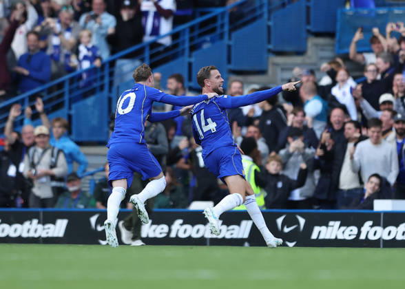 10th October 2026; Stamford Bridge, London, England; Premier League Football, Chelsea versus Bournemouth; Jordan Henderson of Chelsea celebrates scoring his sides 5th goal from a direct free kick in the 70th minute to make it 5-1 with Cole Palmer of Chelsea JohnxPatrickxFletcher