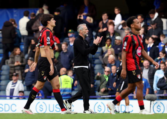 10th October 2026; Stamford Bridge, London, England; Premier League Football, Chelsea versus Bournemouth; AFC Bournemouth manager Marco Rose applauding the AFC Bournemouth fans after the match JohnxPatrickxFletcher