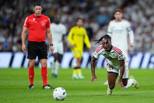 October 10, 2026, Madrid, Madrid, Spain: Yan Diomande of Real Madrid reacts after a foul during the Spanish League, LaLiga EA Sports, football match between Real Madrid and Villarreal CF at Bernabeu stadium on October 10, 2026, in Madrid, Spain. Madrid Spain - ZUMAa181 20261010_zaa_a181_192 Copyright: xDennisxAgyemanx