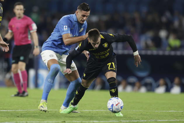 Serie a football match SSC Napoli vs Frosinone Napoli s Italian forward Lorenzo Lucca challenges for the ball with Frosinone s Serbian defender Aleksa Terzic during the Serie A football match between SSC Napoli vs Frosinone at the Diego Armando Maradona Stadium in Naples, southern Italy, on October 10, 2026. _BPH0031 Copyright: xAntonioxBalascox