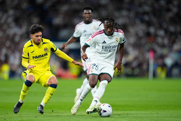October 10, 2026, Madrid, Madrid, Spain: Yan Diomande of Real Madrid and Ilias Akhomachof Villarreal CF compete for the ball during the Spanish League, LaLiga EA Sports, football match between Real Madrid and Villarreal CF at Bernabeu stadium on October 10, 2026, in Madrid, Spain. Madrid Spain - ZUMAa181 20261010_zaa_a181_216 Copyright: xDennisxAgyemanx