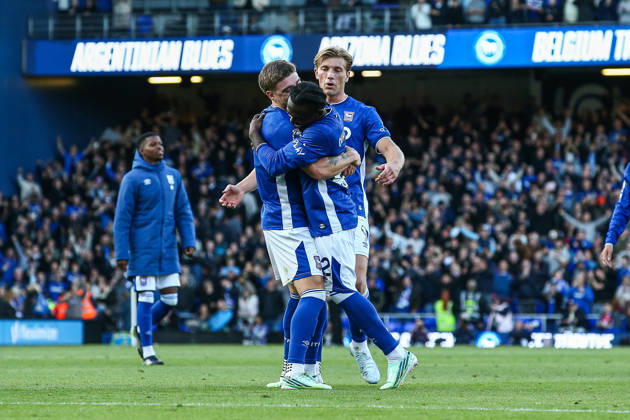 10th October 2026; Portman Road, Ipswich, Suffolk, England; Premier League Football, Ipswich Town versus Fulham; Abdoul Ouattara of Ipswich Town is embraced by team mates after their win AndyxSkinner