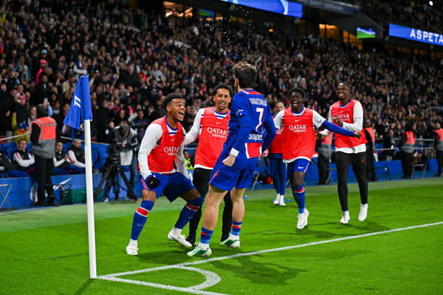 Paris Saint-Germain v Le Mans FC - Ligue 1 McDonald s 2026 2027 Dà sirà DOUE of Paris Saint-Germain , MARQUINHOS of Paris Saint-Germain and Khvicha KVARATSKHELIA of Paris Saint-Germain celebrate after scores during Ligue 1 McDonald s match between Paris and Le Mans at Parc des Princes on October 10, 2026 in Paris, France. Paris France Copyright: xBaptistexFernandezx 776573319