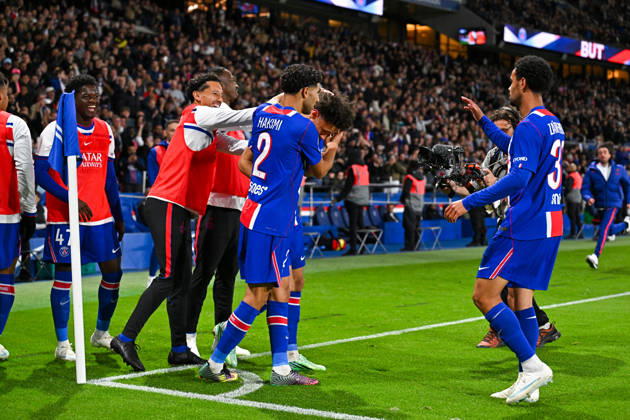 Paris Saint-Germain v Le Mans FC - Ligue 1 McDonald s 2026 2027 Dà sirà DOUE of Paris Saint-Germain , MARQUINHOS of Paris Saint-Germain , Willian PACHO of Paris Saint-Germain , Quentin NDJANTOU of Paris Saint-Germain and Maghnes AKLIOUCHE of Paris Saint-Germain celebrate after scores during Ligue 1 McDonald s match between Paris and Le Mans at Parc des Princes on October 10, 2026 in Paris, France. Paris France Copyright: xBaptistexFernandezx 776573319