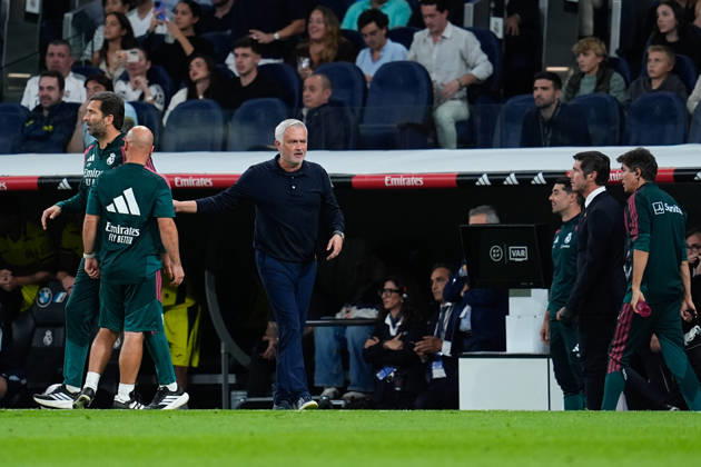 October 10, 2026, Madrid, Madrid, Spain: Jose Mourinho, head coach of Real Madrid, protests during the Spanish League, LaLiga EA Sports, football match between Real Madrid and Villarreal CF at Bernabeu stadium on October 10, 2026, in Madrid, Spain. Madrid Spain - ZUMAa181 20261010_zaa_a181_302 Copyright: xDennisxAgyemanx