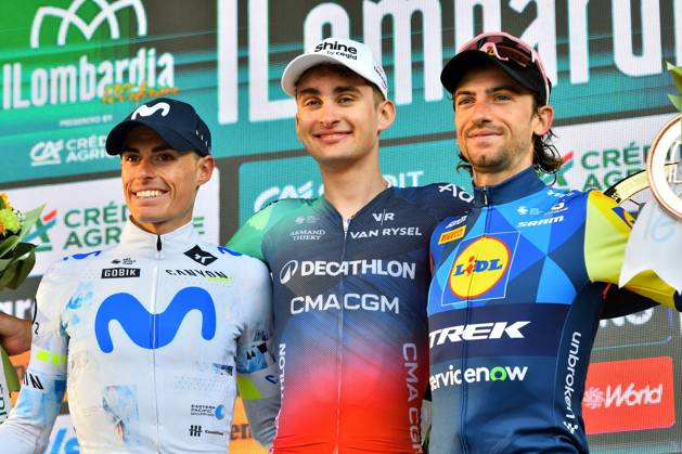 IPA89523404 - The podium: Enric Mas (ESP), Paul Seixas (FRA), and Giulio Ciccone (ITA) during Il Lombardia 2026, a Road cycling, Rad, Radsport, Strasse race in Bergamo, Italy, on October 10, 2026 Copyright: xDavidexVaninetti IPAxSportx xx IPA89523404