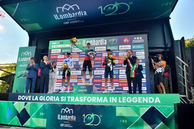 IPA89523386 - The podium: Enric Mas (ESP), Paul Seixas (FRA), and Giulio Ciccone (ITA) during Il Lombardia 2026, a Road cycling, Rad, Radsport, Strasse race in Bergamo, Italy, on October 10, 2026 Copyright: xDavidexVaninetti IPAxSportx xx IPA89523386