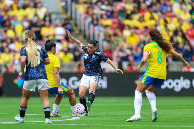 RECORD DATE NOT STATED 10th October 2026; Beira-Rio Stadium, Porto Alegre, Brazil; Friendlies Women Football, Brazil versus Argentina; Duda Sampaio of Brazil battles for possession with Maricel Pereyra of Argentina MaxxPeixoto