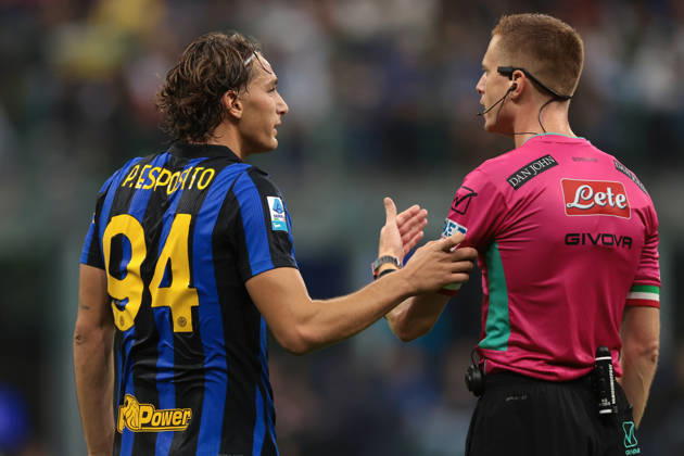 FC Internazionale v Parma Calcio 1913 - Serie A - Season 2026-2027 Milan, Italy, 10th October 2026. Francesco Pio Esposito of FC Internazionale reacts with the Referee Kevin Bonacina during the FC Internazionale vs Parma Calcio 1913 Serie A match at Giuseppe Meazza, Milan. Picture credit should read: Jonathan Moscrop Milan Stadio Giuseppe Meazza Italy