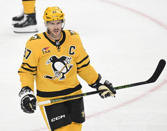 Pittsburgh Penguins center Sidney Crosby (87) waits for the official to rule on a penalty during the second period against the Dallas Stars at PPG Paints Arena in Pittsburgh on Saturday, October, 10 2026.  PIT2026101010 ARCHIExCARPENTER