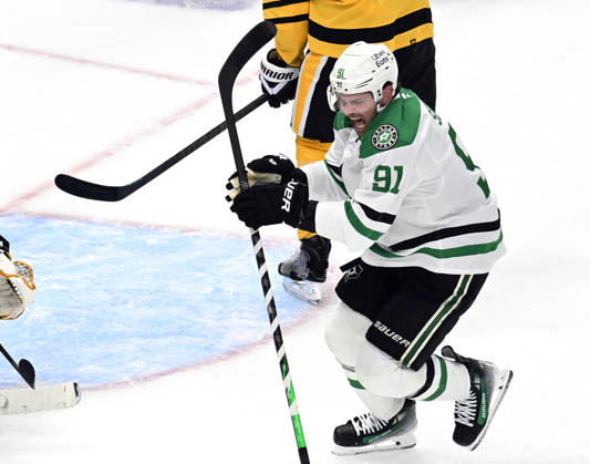 Dallas Stars center Tyler Seguin (91) celebrates his goal that forces overtime with Pittsburgh Penguins at PPG Paints Arena in Pittsburgh on Saturday, October, 10 2026. The Pittsburgh Penguins went on to win 2-1 in a shootout.  PIT2026101016 ARCHIExCARPENTER