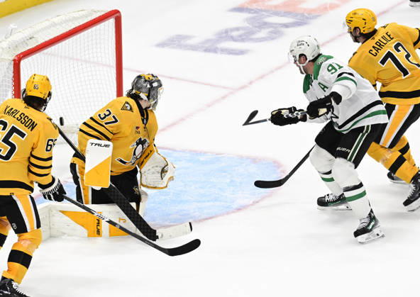 Dallas Stars center Tyler Seguin (91) scores pass Pittsburgh Penguins goaltender Arturs Silovs (37) forcing overtime with the Pittsburgh Penguins at PPG Paints Arena in Pittsburgh on Saturday, October, 10 2026. The Pittsburgh Penguins went on to win 2-1 in a shootout.  PIT2026101017 ARCHIExCARPENTER