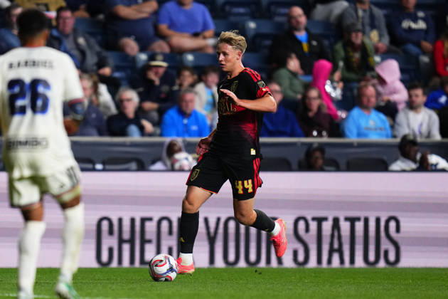 October 10, 2026: Real Salt Lake Defender Luc de Fougerolles (44) controls the ball during the second half of an MLS, Fussball Herren, USA match against the Philadelphia Union at Subaru Park in Chester, Pennsylvania. CSM Chester United States of America - ZUMAc04_ 20261010_zma_c04_291 Copyright: xKylexRoddenx