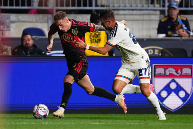 October 10, 2026: Real Salt Lake Forward Dominik Marczuk (11) and Philadelphia Union Defender Kai Wagner (27) battle for the ball during the second half of an MLS, Fussball Herren, USA match at Subaru Park in Chester, Pennsylvania. CSM Chester United States of America - ZUMAc04_ 20261010_zma_c04_305 Copyright: xKylexRoddenx