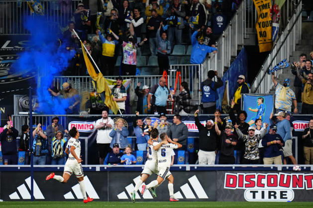 October 10, 2026: Philadelphia Union Forward Milan Iloski (10) and Philadelphia Union Midfielder Cavan Sullivan (6) celebrate a goal during the second half of an MLS, Fussball Herren, USA match against Real Salt Lake at Subaru Park in Chester, Pennsylvania. CSM Chester United States of America - ZUMAc04_ 20261010_zma_c04_308 Copyright: xKylexRoddenx