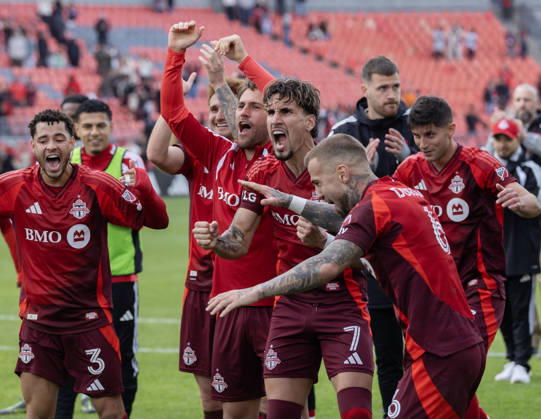 (261011) -- TORONTO, Oct. 11, 2026 -- Players of Toronto FC celebrate victory after the 2026 Major League Soccer MLS, Fussball Herren, USA regular season match between Toronto FC and CF Montreal at BMO Field in Toronto, Canada, on Oct. 10, 2026. (Photo by Xinhua) (SP)CANADA-TORONTO-SOCCER-MLS-TORONTO FC VS CF MONTREAL ZouxZheng 