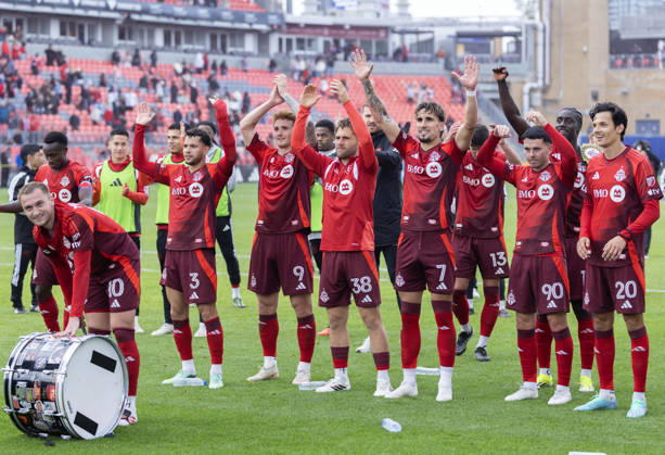 (261011) -- TORONTO, Oct. 11, 2026 -- Players of Toronto FC celebrate victory after the 2026 Major League Soccer MLS, Fussball Herren, USA regular season match between Toronto FC and CF Montreal at BMO Field in Toronto, Canada, on Oct. 10, 2026. (Photo by Xinhua) (SP)CANADA-TORONTO-SOCCER-MLS-TORONTO FC VS CF MONTREAL ZouxZheng 