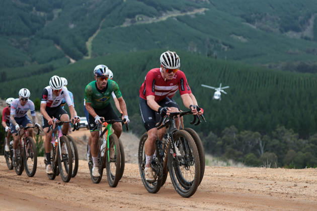 2026 UCI Gravel World Championships Picture by James Raison SWpix.com - 11 10 2026 - Cycling - 2026 UCI Gravel World Championships - Nannup, Western Australia, Australia - Men™s Elite - The chasing group, Helicopter, Denmark Copyright: x xSWpix.comx(t axPhotographyxHubxLtd)xJamesxRaison SWpix.comx SWP-3030-24533