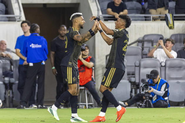 October 10, 2026, Los Angeles, California, USA: Los Angeles FC striker Denis Bouanga (99) celebrates with defensive midfielder Sergio Vasquez (20) after scoring against the Vancouver Whitecaps during a MLS, Fussball Herren, USA soccer game on Saturday, Oct. 10, 2026 in Los Angeles. Los Angeles USA - ZUMAc68_ 20261010_zaf_c68_044 Copyright: xRingoxChiux
