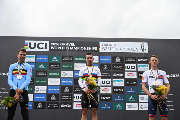 2026 UCI Gravel World Championships Picture by Zac Williams SWpix.com - 11 10 2026 - Cycling - 2026 UCI Gravel World Championships - Nannup, Western Australia, Australia - Men™s Elite Podium - Magnus Bak Klaris (Denmark) wins the Gold Medal to become World Champion with Florian Vermeersch (Belgium) receiving the Silver Medal and Connor Swift (Great Britain) receiving the Bronze Medal Copyright: x xSWpix.comx(t axPhotographyxHubxLtd)xZacxWilliams SWpix.comx SWP-3030-24607
