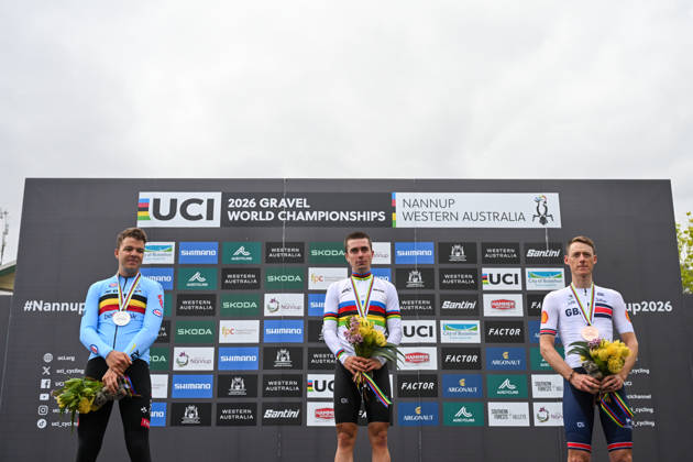 2026 UCI Gravel World Championships Picture by Zac Williams SWpix.com - 11 10 2026 - Cycling - 2026 UCI Gravel World Championships - Nannup, Western Australia, Australia - Men™s Elite Podium - Magnus Bak Klaris (Denmark) wins the Gold Medal to become World Champion with Florian Vermeersch (Belgium) receiving the Silver Medal and Connor Swift (Great Britain) receiving the Bronze Medal Copyright: x xSWpix.comx(t axPhotographyxHubxLtd)xZacxWilliams SWpix.comx SWP-3030-24611