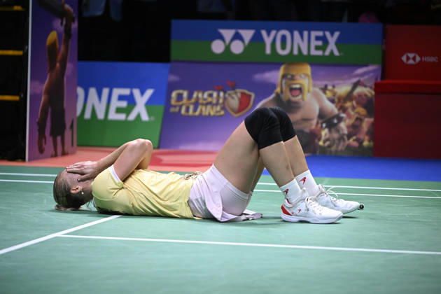 Mia Blichfeldt of Denmark reacts after winning women s singles match against Ratchanok Intanon of Thailand (not pictured) during the finals at the badminton Clash of Clans Arctic Open 2026 tournament in Vantaa, Finland, on October 11, 2026. - ANTTI AIMO-KOIVISTO Finland HS4MX6NEJ7A  Copyright: xAnttixAimo-Koivistox HS4MX6NEJ7A