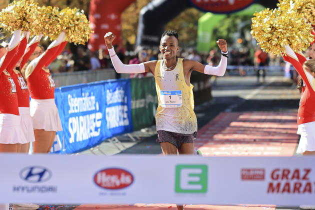 RUNNING - Graz Marathon 2026 GRAZ,AUSTRIA,11.OCT.26 - RUNNING - Graz Marathon. Image shows the rejoicing of John Maina.  GEPAxpictures xWolfgangxGrebien