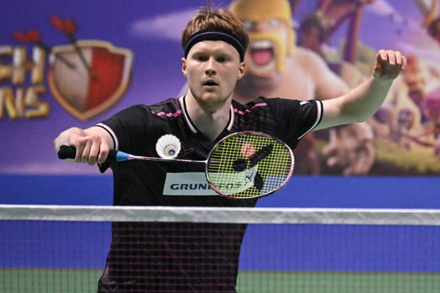 Anders Antonsen of Denmark hits a return during the men s singles match against Yushi Tanaka of Japan (not pictured) during the finals at the badminton Clash of Clans Arctic Open 2026 tournament in Vantaa, Finland, on October 11, 2026. - ANTTI AIMO-KOIVISTO Finland JvOEGZ9Gp60  Copyright: xAnttixAimo-Koivistox JvOEGZ9Gp60