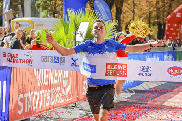RUNNING - Graz Marathon 2026 GRAZ,AUSTRIA,11.OCT.26 - RUNNING - Graz Marathon. Image shows the rejoicing of Matthias Maldet (AUT).  GEPAxpictures xWolfgangxGrebien