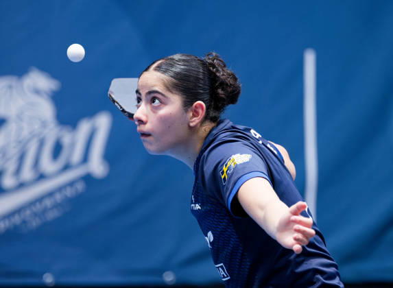 Angelina Bebawy Sweden (foto-ms1003b) at the 2026 European Table tennis, Tischtennis Championships in Ljubljana LJUBLJANA, SLOVENIA - 11 OCTOBER 2026: Angelina Bebawy Sweden (foto-ms1003b) in action at the European Table Tennis Championships in Stozice Arena, Ljubljana, Slovenia (Photo by Manfred Schillings) Ljubljana Stozice Arena Slovenia