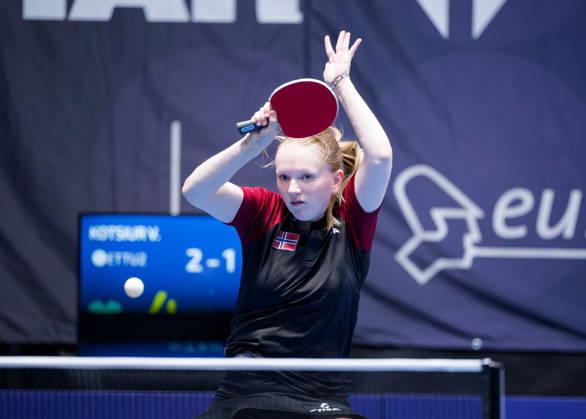 Christine Kalvatn Norway (foto-ms1050b) at the 2026 European Table tennis, Tischtennis Championships in Ljubljana LJUBLJANA, SLOVENIA - 11 OCTOBER 2026: Christine Kalvatn Norway (foto-ms1050b) in action at the European Table Tennis Championships in Stozice Arena, Ljubljana, Slovenia (Photo by Manfred Schillings) Ljubljana Stozice Arena Slovenia