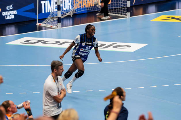 HSG Blomberg-Lippe (GER) vs. Odense Handbold (DEN), Handball, EHF Champions League Women, Gruppenphase, 11.10.2026, Saision 2026 2027, Lemgo Farrelle Njinkeu (HSG Blomberg-Lippe, 55) jubelt nach einem Tor Lemgo Phoenix Contact Arena Deutschland