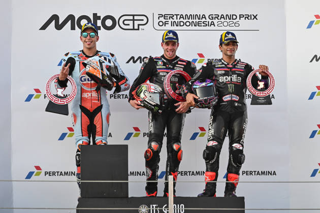 MOTO - MOTO GP - GRAND PRIX OF INDONESIA 2026 BEZZECCHI Marco (ita), Aprilia Racing, Aprilia RS-GP26, podium, portrait with FERNANDEZ Raul (spa), Trackhouse MotoGP Team, Aprilia RS-GP26 and MARTIN Jorge (spa), Aprilia Racing, Aprilia RS-GP26 during the 2026 MotoGP Pertamina Grand Prix of Indonesia on the Mandalika circuit from October 9 to 11, at West Nusa Tenggara, Indonesia - West Nusa TenggaraIndonesia Copyright: xGIGIxSOLDANOx
