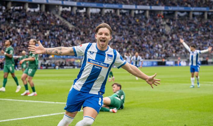 Fussball, Herren, Saison 2026 2027, 2. Bundesliga (7. Spieltag), Hertha BSC - SpVgg Greuther Fürth, Mads Pedersen (Hertha BSC), Jubel nach Tor zum 1:0, 11.10.2026, Copyright: xMatthiasxKochx