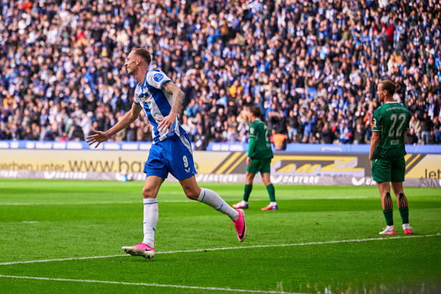 Hertha BSC Berlin jubelt ueber 2:0, Gustaf Nilsson (Hertha BSC, 09), GER, Hertha BSC vs. SPVGG Greuther Fuerth, 2. Bundesliga, Saison 2026 27, 07. Spieltag, 11.10.2026 (DFL REGULATIONS PROHIBIT ANY USE OF PHOTOGRAPHS AS IMAGE SEQUENCES AND OR QUASI - VIDEO). GER, Hertha BSC vs. SPVGG Greuther Fuerth, 2. Bundesliga, Saison 2026 27, 07. Spieltag, 11.10.2026 Berlin
